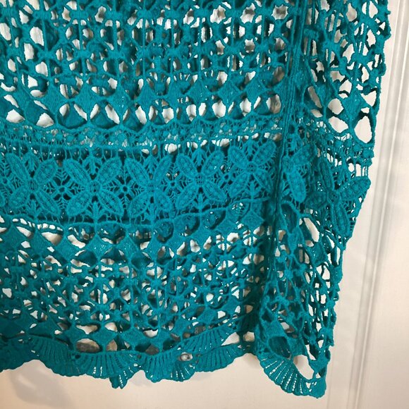 Women's Blue Crochet Sheer Top Short Sleeve Blouse Beach Cover-up Vacation - Picture 4 of 5